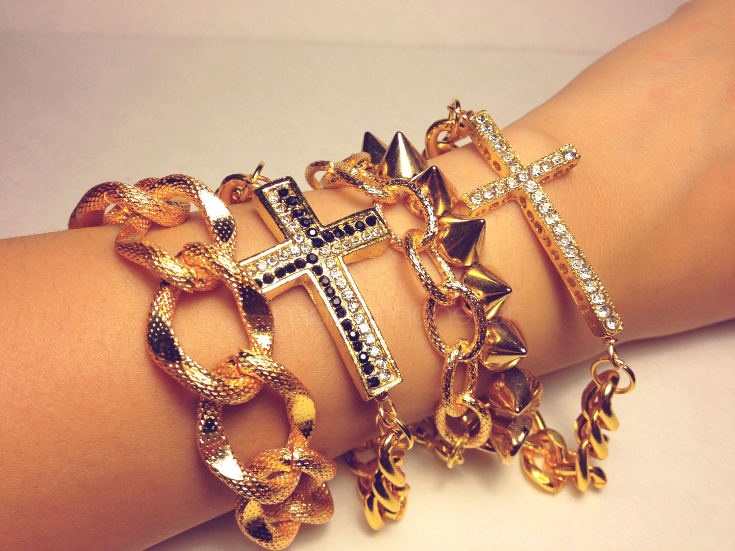 White and Black Rhinestone Diamond Cross Gold-Plated Chain Links