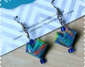 Abstract Paint Pattern 3D Recycled Paper Heart Earrings - OOAK
