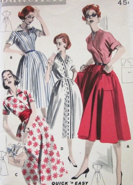 1950s Quick 'N Easy Wrap-Around Dress Vintage Sewing Pattern Butterick 7995 bust 36" uncut