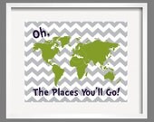 Dr. Seuss Quote Green Gray Navy Modern Art Print Typography Poster Nursery Art Print, Kids Wall Art, Playroom wall art-11x14 Oh, The Places