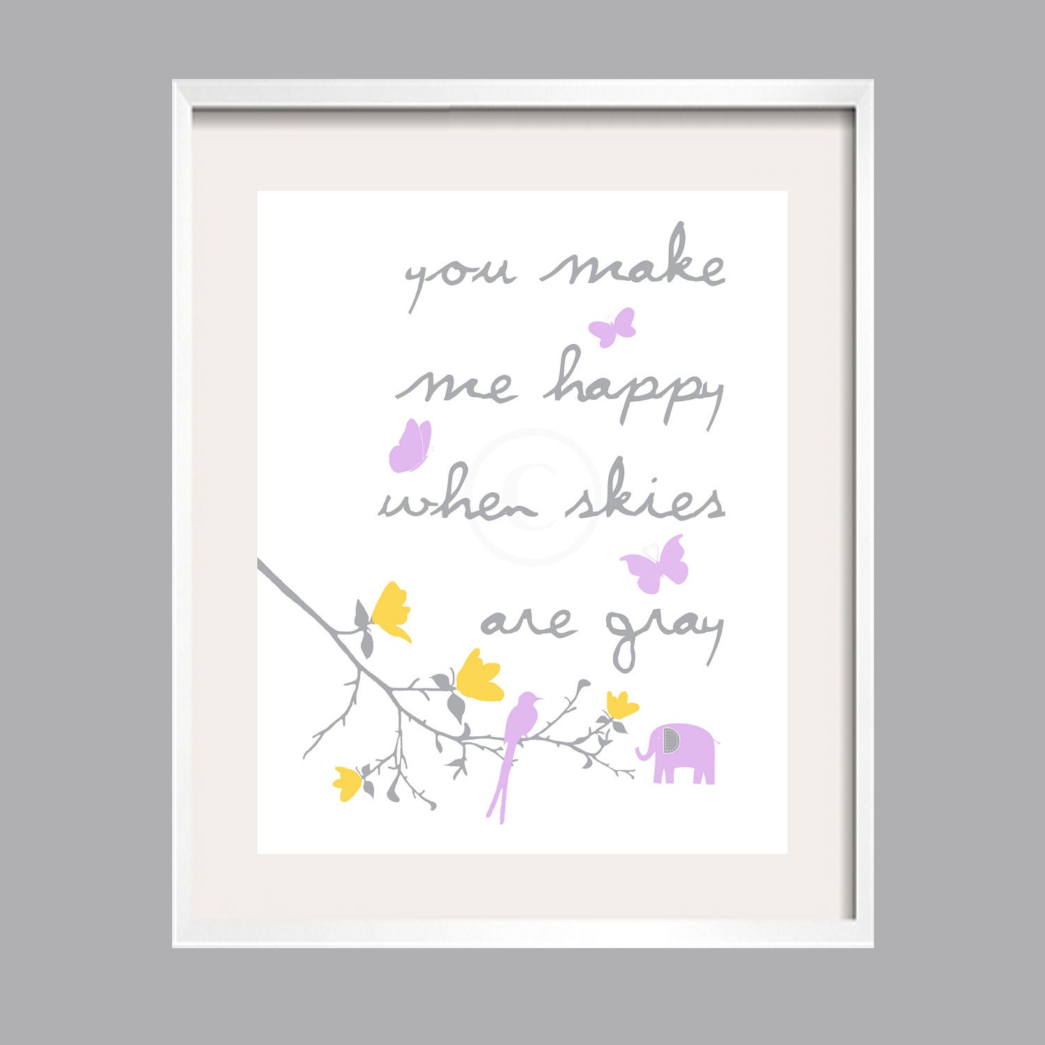 Kids Wall Art You Make Me Happy for Grey Yellow and Purple Suzanni Bedding and Fabrics Elephant Print 5x7 UNFRAMED