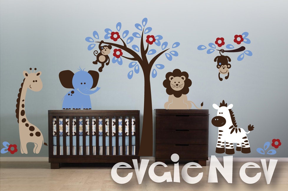 Children Wall Decal Wall Sticker Animal Decals -  Zebra, Lion, Giraffe, Elephant and Monkeys Wall Decals PLSF011