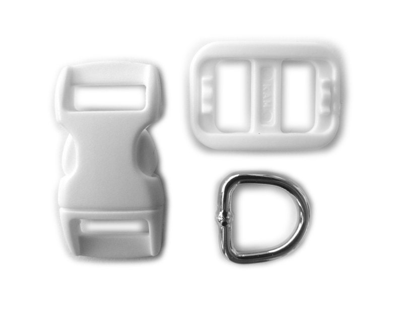 5 sets 3/8" (10mm) White Cat Collar Hardware Kits (SAFETY Buckles, D-Rings & Triglides)