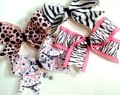 Girls Classic Hair Bow - Diva Classic Bows Set  of 4 - Large - Leopard, Zebra, Paris, Pink, Black, White