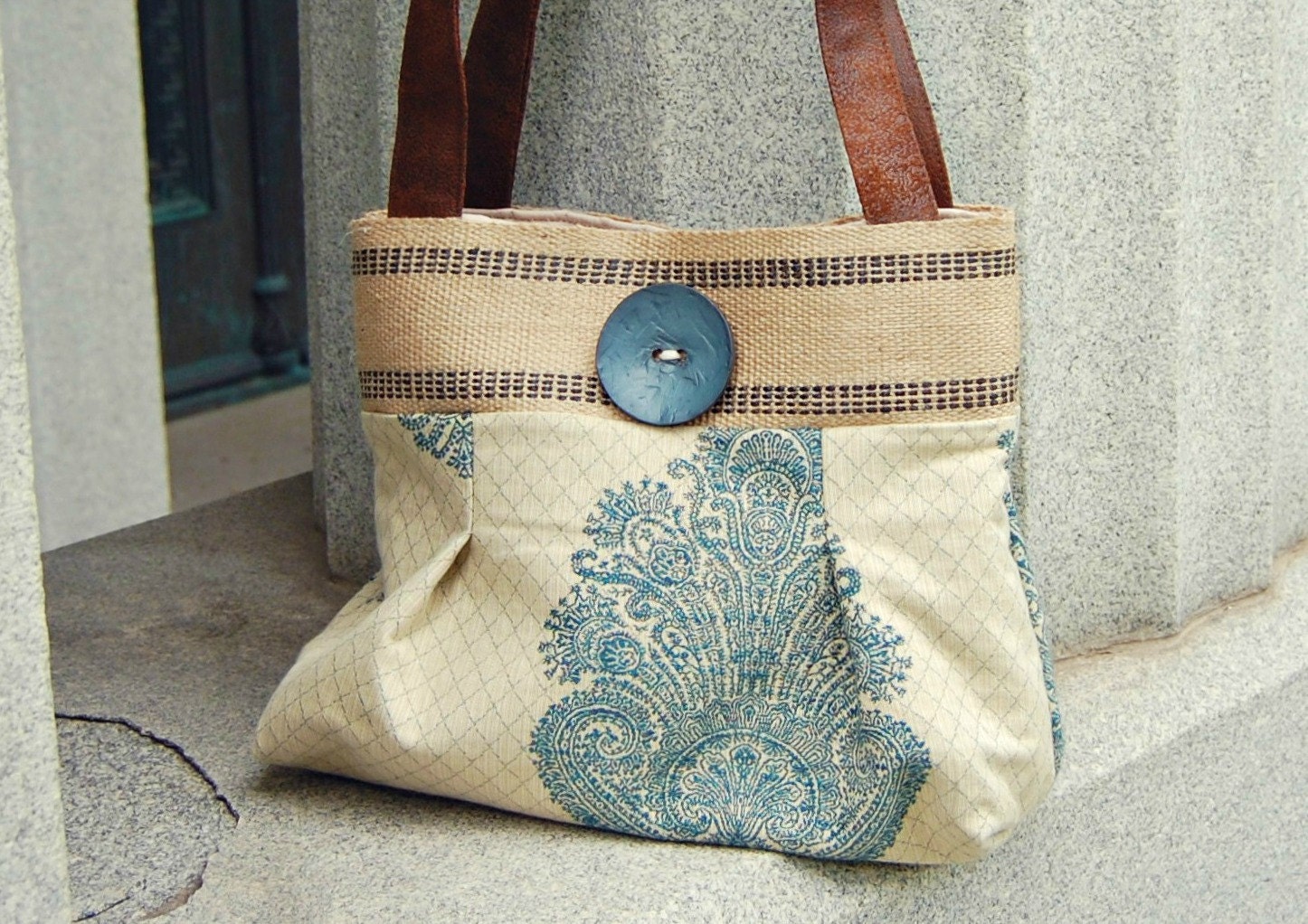 Ivory and Blue Handbag Purse Everyday bag : intricacy