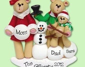 Bear Family of 3 with Snowman  HANDMADE POLYMER CLAY Personalized Christmas Ornament
