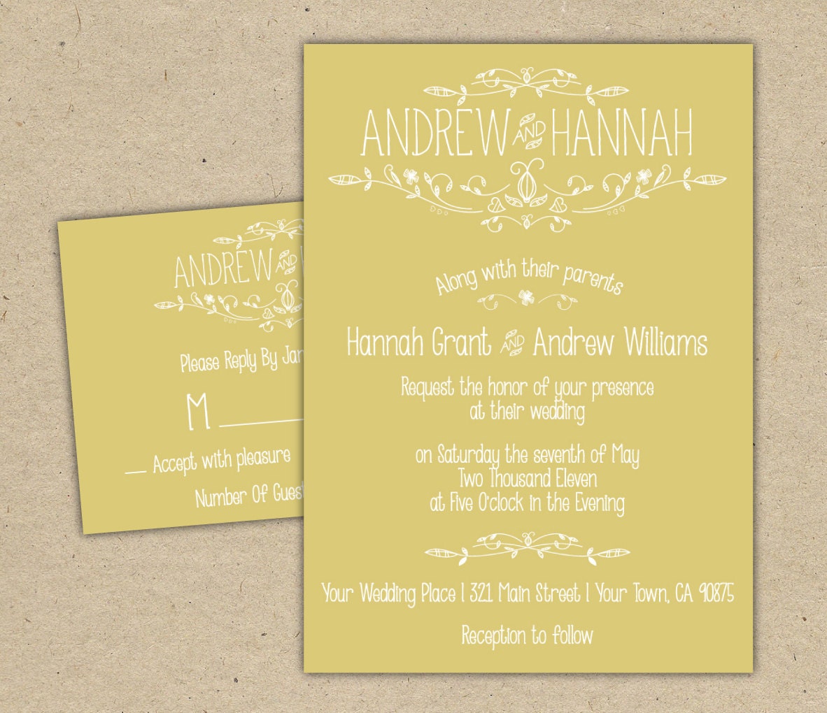 Vintage Wedding Invitation and RSVP -Printable DIY. printed country chic (1054-4)