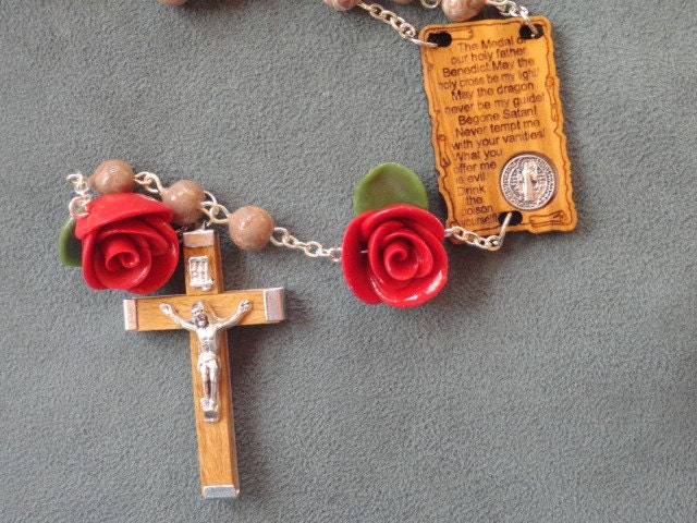 Handmade rosary "wooden" clay bead rosary, St.Benedict--reserve for Anna