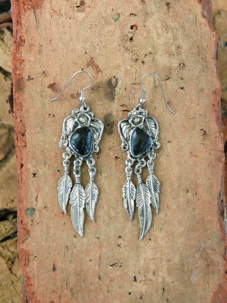 Vintage Southwestern Earrings // Black Turquoise // Drop Earrings