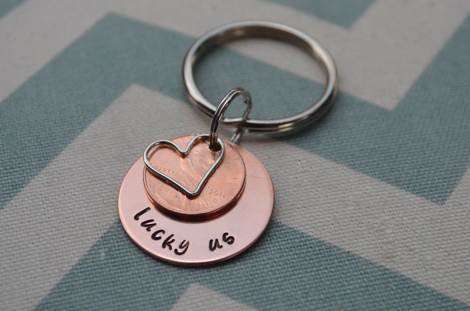LUCKY US hand stamped key chain with pennies with heart