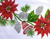 Vintage Christmas Tablecloth Printed with Red Shiny Brite Bell Ornaments and Poinsettia- Round with Fringe