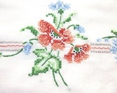 Vintage Embroidered Floral Pillowcases - Orange Poppies and Blue Flowerbud Cross Stitch with Crochet Lace Edging