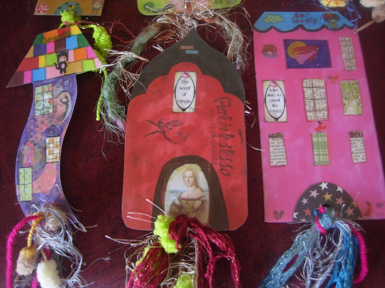 Whimsical Houses -Laminated Bookmarks with Ribbons and Trims- set of 6