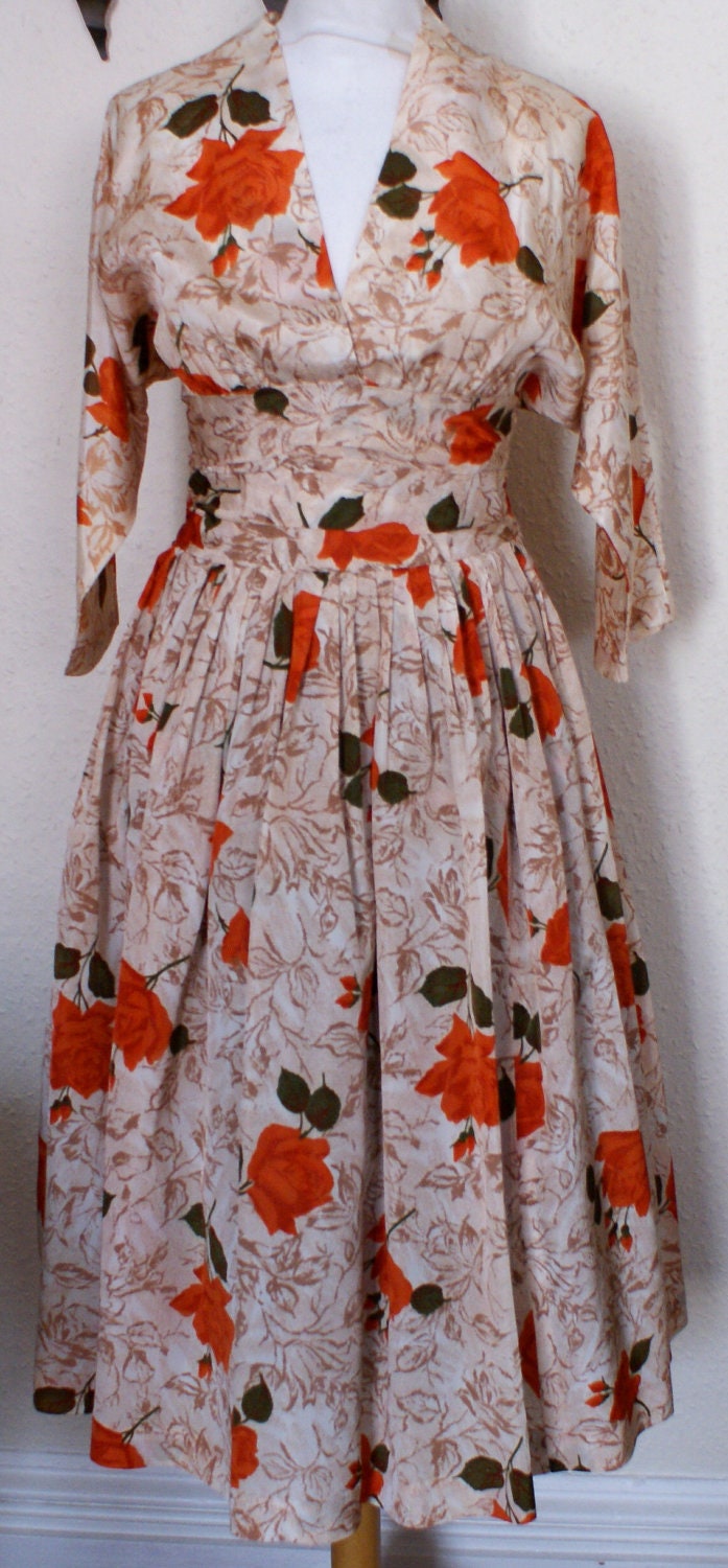 On hold Vintage 1950s full sweep dress with cross over bodice and ruched and draped faux cummerbund size M/ L Viva rockabilly taffeta