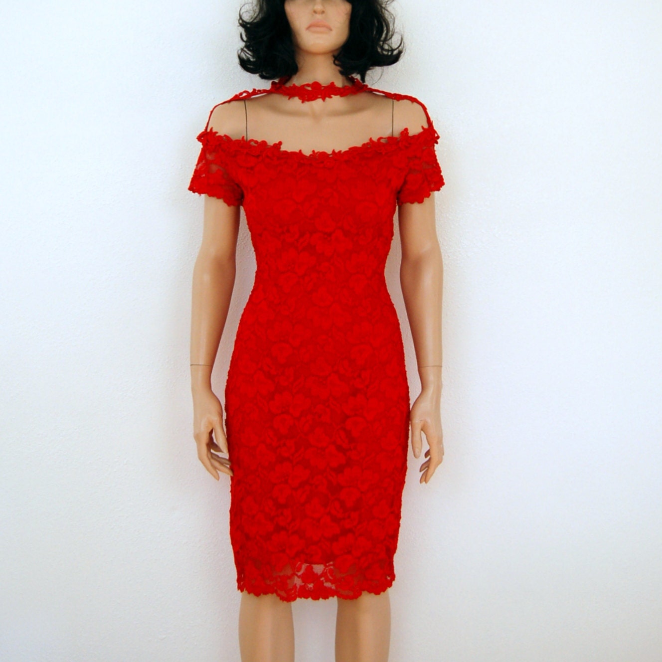 Reserved for Amanda ///////80s Vintage Red Lace Dress - Body Con Choker off Shoulder Midi Dress S