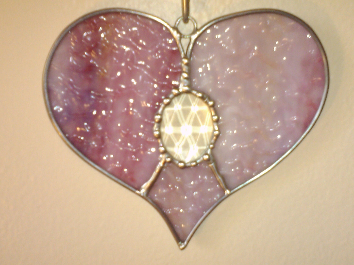 Stained Glass Pink Heart, Bullseye Glass,Clear Faceted Crystal Jewel, Love Valentines Day, Rainbow Catcher, Handcrafted Window Decoration
