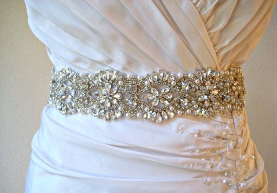 Bridal beaded swarovski crystal & pearl luxury sash. DUCHESS