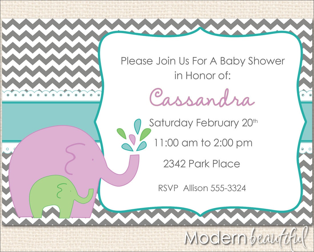 Chevron elephant baby shower invitation, purple, grey, blue, green, printable, digital file Il_570xn
