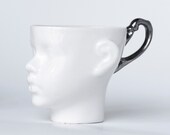 Whimsical doll head cup - white porcelain and silver artisan cup, whimsical ceramic design