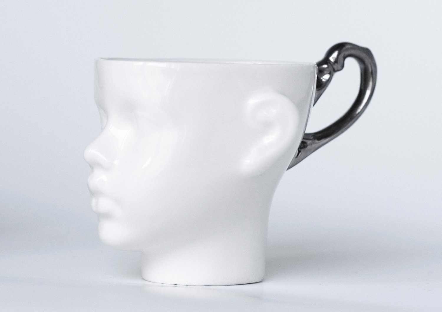 Whimsical doll head cup - white porcelain and silver artisan cup, whimsical ceramic design