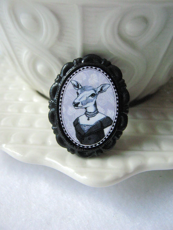 Delicate Deer Brooch by Murmur Fremo, Victorian Style, Black and White Cameo, Woodland Animal - Small
