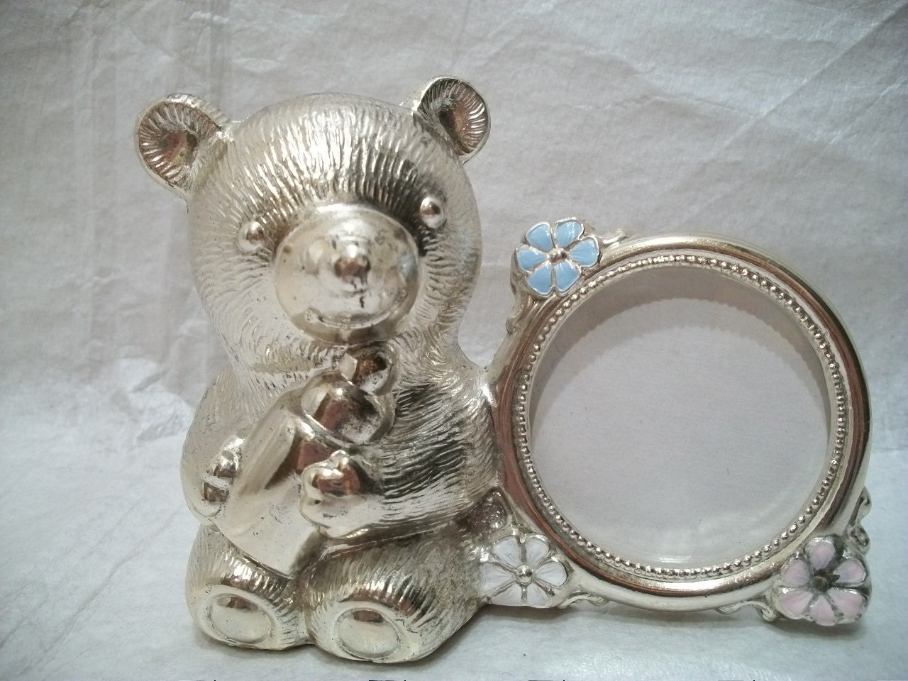 Vintage Silver Bear Bank and Frame, Nursery Gift, Baby Shower Gift, Heavy Metal Bear Figurine