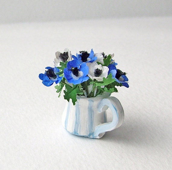 Anemones in a shabby chic striped jug in miniature, 12th, one inch scale