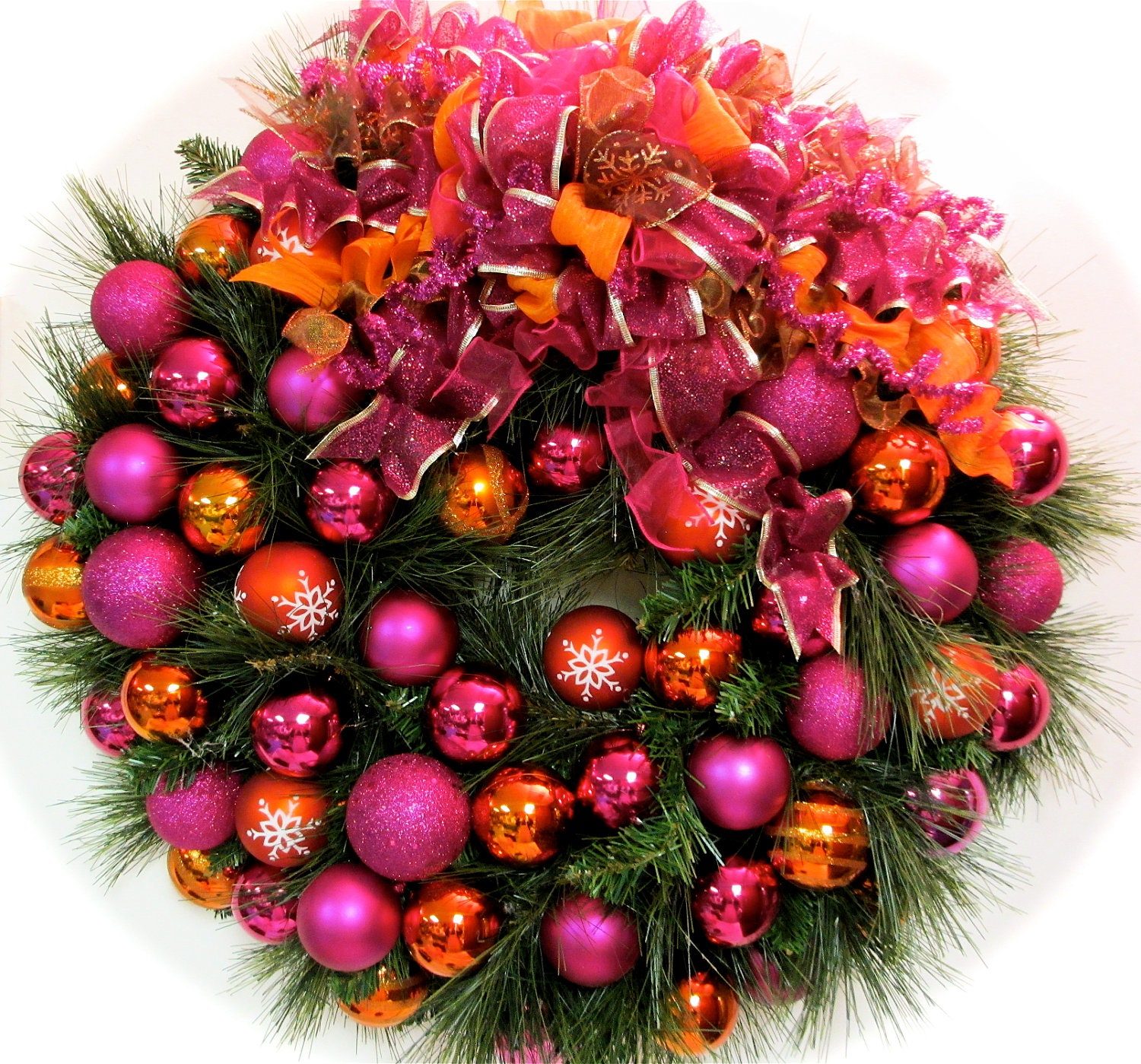 Bright Christmas Wreath Pink and Orange Pine Holiday Wreath  (XL Approx 27")
