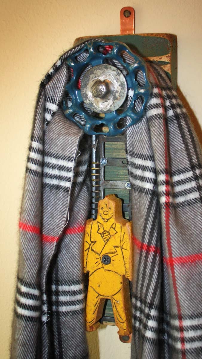 Coat Rack Wall Hanger Garden Faucet Handle Yellow Yardstick Ruler Bill Ding Wooden Figure Repurposed Upcycled Recycled Baseboard No. 17