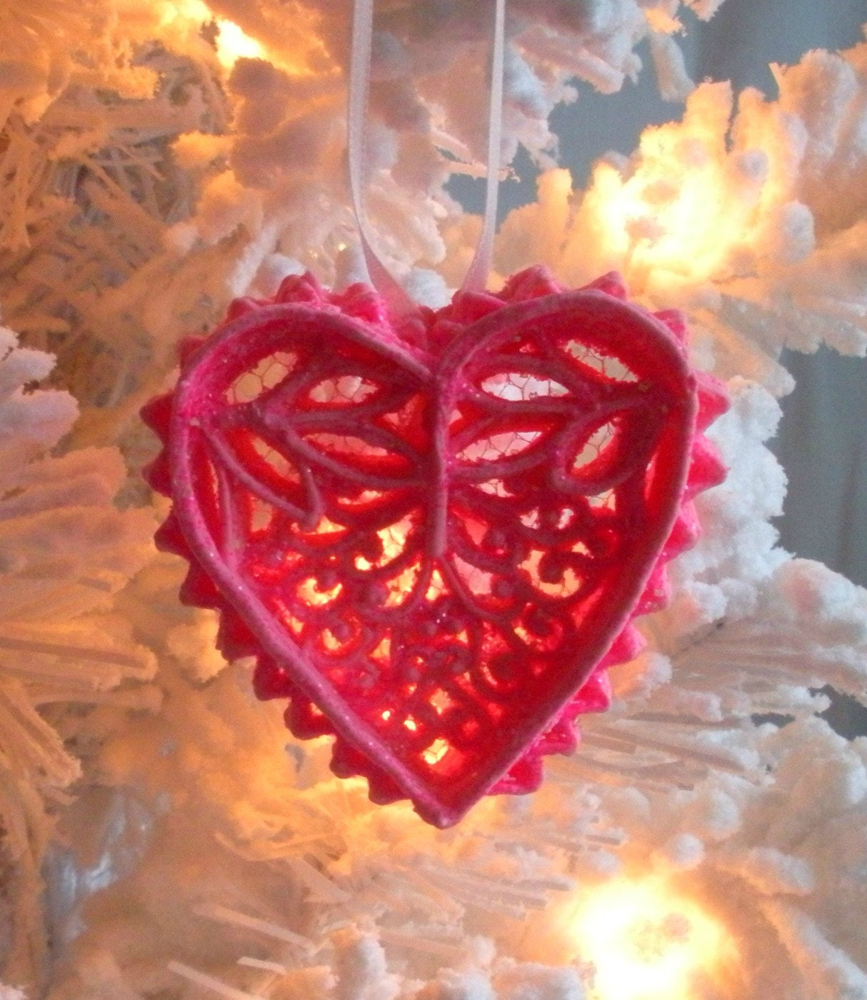 Pink Heart Sugar Ornament Hand Piped Filigree Hand Made Weddings Shabby Chic Decor Love Romance Summer Unique Gift Ideas