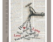 Faucet full of LOVE  - ORIGINAL ARTWORK printed on Repurposed Vintage Dictionary page -Upcycled Book Print