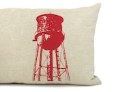 Old water tower pillow cover in red and natural beige - Industrial decor - Decorative throw pillow - 12x18 Lumbar pillow - Modern pillow