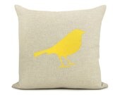 Bird pillow cover - Bright yellow bird print on natural beige canvas throw pillow cover - 16x16 decorative pillow cover