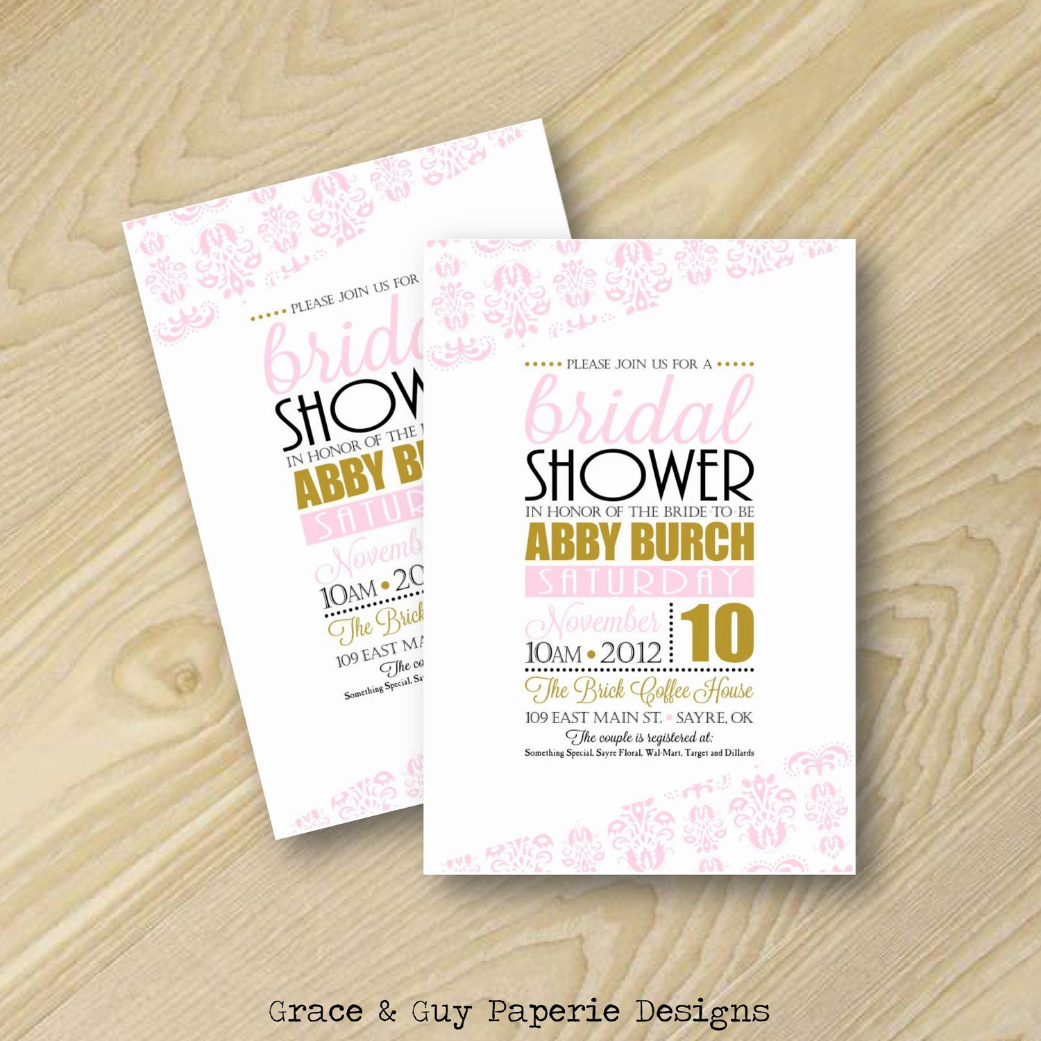 Bridal Shower Invitation - Pink and Gold Invitation - Pink Damask