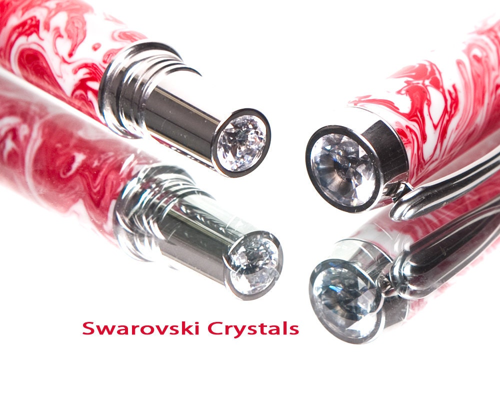 Rollerball Pen Red White Swarovski crystals, highest quality writing pens