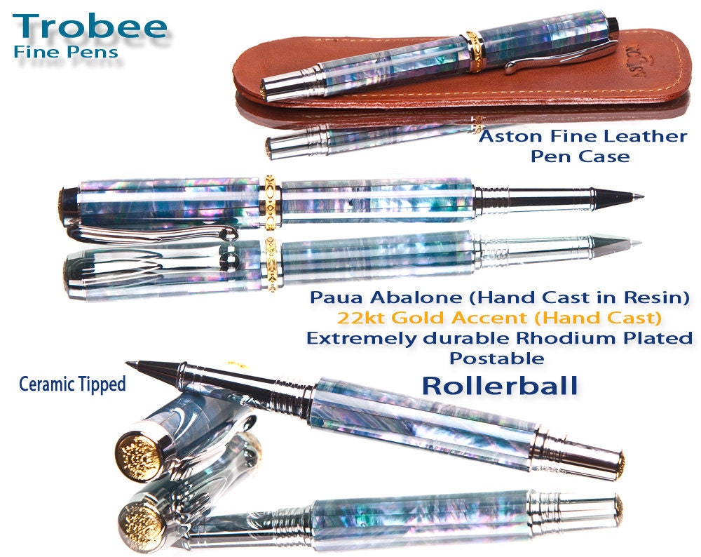 High quality abalone pen (paua) rollerball pens with gold accents and leather sleeve
