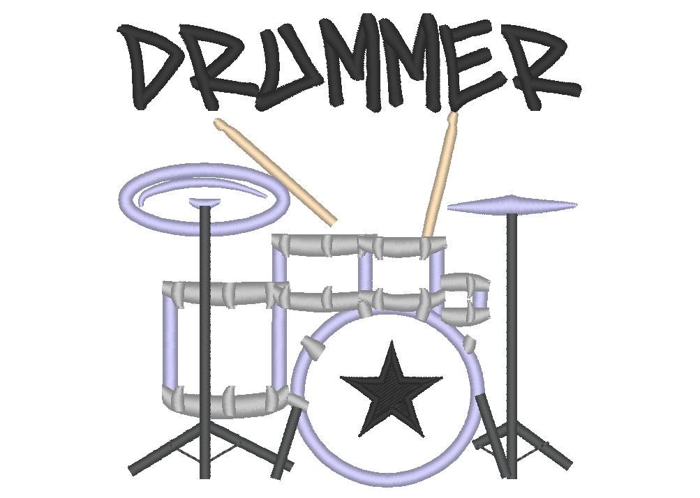 Drummer and drum - machine embroidery applique design, 4x4, 5x7 and 6x10