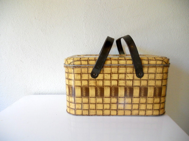 Vintage Metal Picnic Basket Yellow by AmyKristineVintage on Etsy