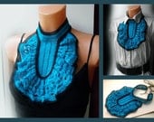 SALE% Hand crocheted woman jabot,necklace,collar,ruffle,turquoise and black,neck cuff,neck accessory