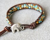Turquoise, Topaz, Picasso Bohemian beaded leather bracelet, 1x Wrap bracelet, Chan Luu style, Good Luck elephant, blue, green, topaz, pink