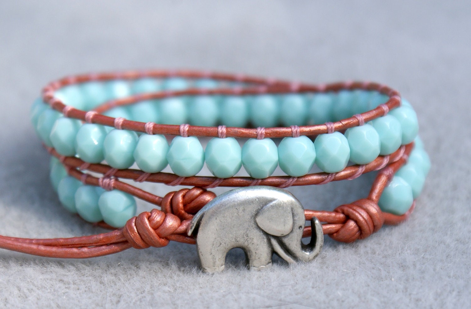 Pale Blue turquoise Bohemian beaded leather wrap bracelet, 2x Wrap bracelet, boho chic, Good Luck elephant, Chan Luu style, pastel