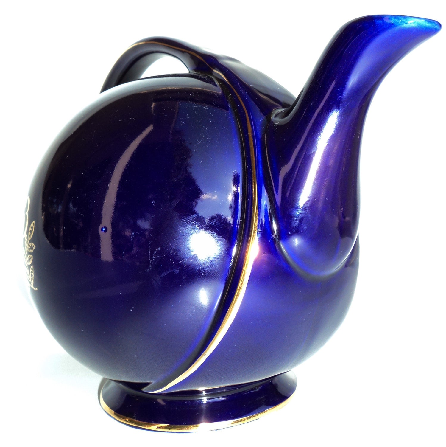 colbalt blue hall teapot gold trim flower art deco modern