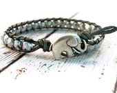 Silver Metallic Leather Wrap Bracelet with Little Elephant in Silver Metallic Beads / Winter Neutral/ Free Shipping/ Urban Modern Boho Chic