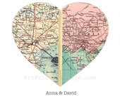 Custom Map Art Wall Decor for Engagement Gift Wedding Gift Heart Map Print - Personalized with 2 Favorite Locations - faux stitched middle