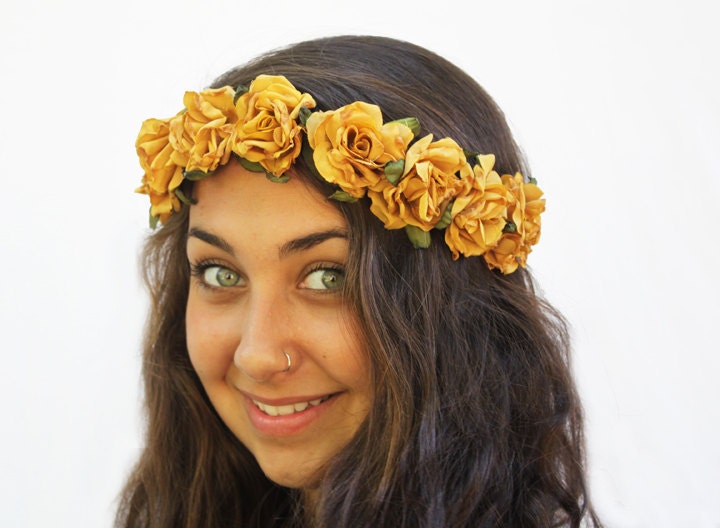 Rose Crown - Mustard Yellow Fall Fashion Flower Crown. Rose Headband, Autumn Wedding, Harvest, Late Summer, Boho Chic