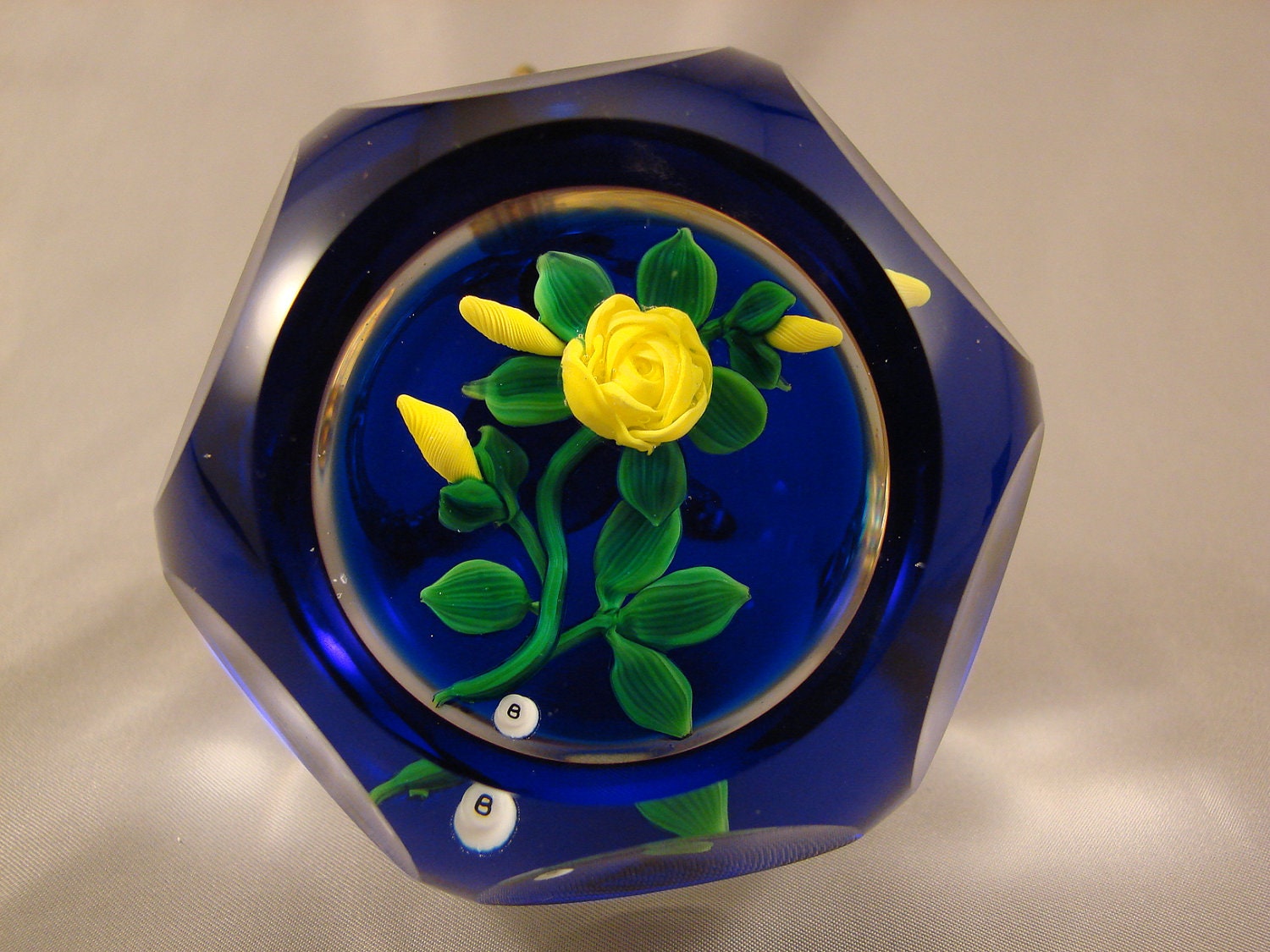 Rare Exquisite Banford Yellow Rose on Cobalt Faceted Paperweight, Marked B on Cane 20% Discount