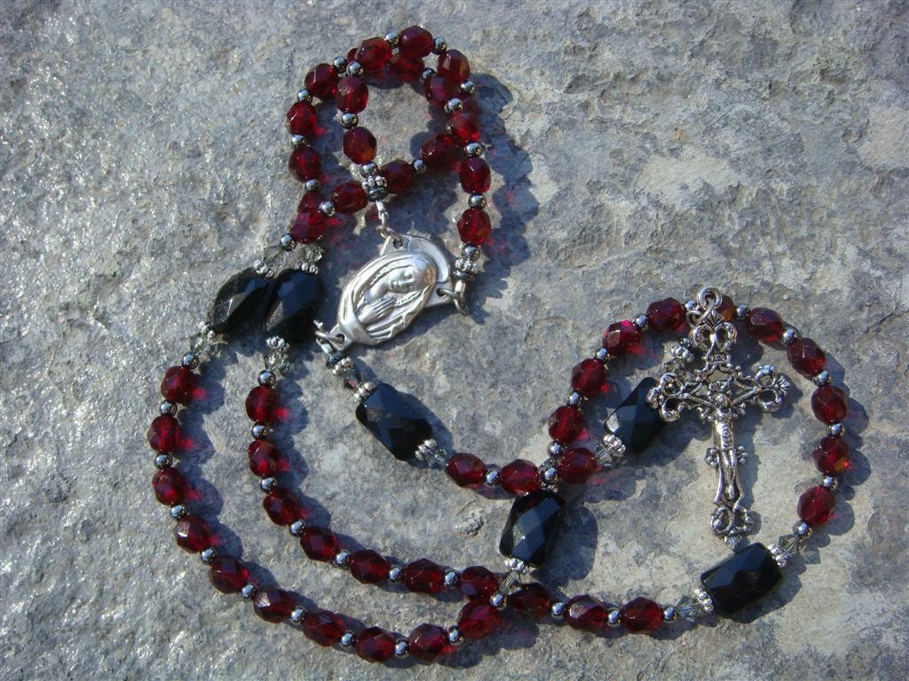 RESERVED for Addi - Catholic Rosary - Garnet Red Czech Glass with Black Faceted Rectangle Beads