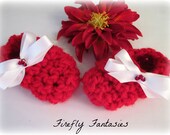 Firefly Baby - Red Christmas Booties with white bows and Swarovski crystal centers, shoes slippers crochet Infant newborn size 0 - FireflyFantasies1 Firefly Baby - Red Christmas Booties with white bows and Swarovski crystal centers, shoes slippers crochet Infant newborn size 0 - FireflyFantasies1