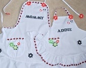 Our First Mommy and Me Aprons - "Ladybug" Mother and Daughter Apron or Artist Smocks with Flower and Butterfly Appliques