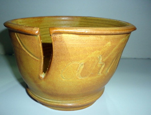 Pottery  Yarn Bowl  in Harvest Gold  with a Y cut and Yarn